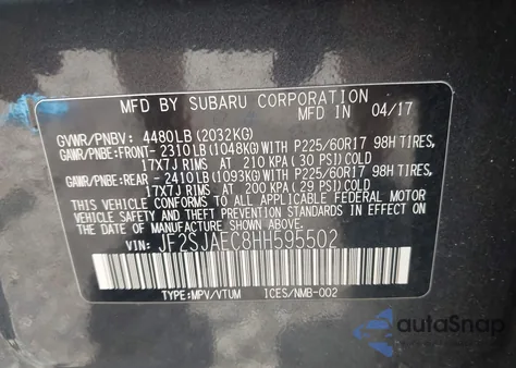 2017 Subaru Forester 2.5I Premium from USA, damaged, VIN JF2SJAEC8HH595502